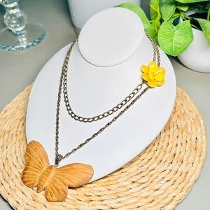 LUCKY Brand Carved Wooden Butterfly Layered Necklace with Yellow flower accent